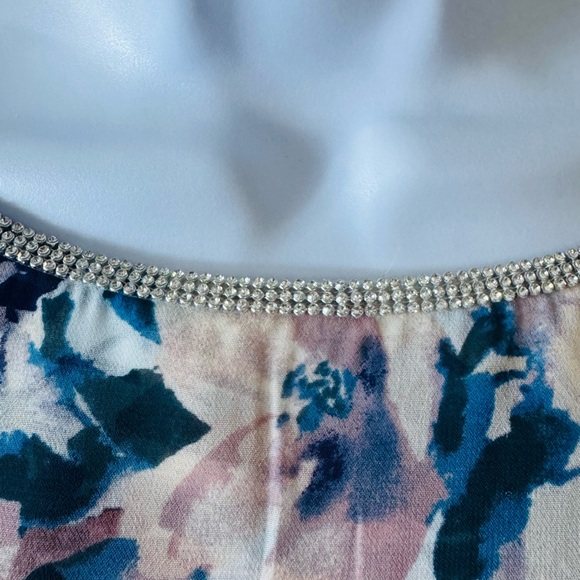 MSK Rhinestone Trim Cape Overlay Dress Blue/Pink Floral Sleeveless Stretch Sz L - Picture 5 of 13
